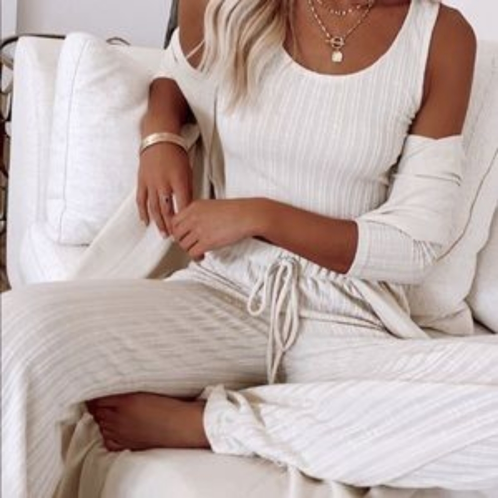 Brown vici lounge set 3 piece ribbed pants tank and cardigan tan brown